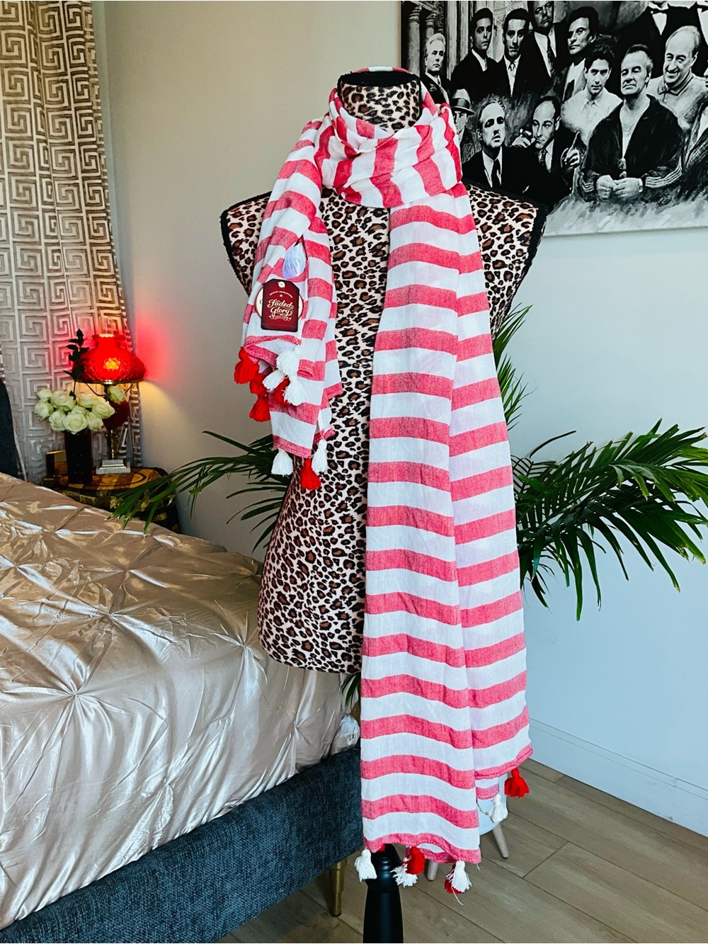 Faded Glory Red and White Striped Tassel Scarf